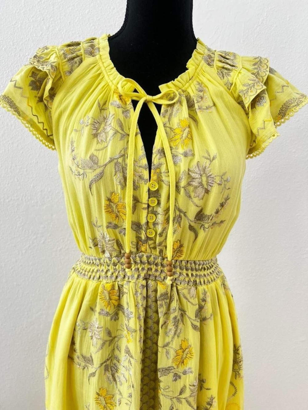 Butter Yellow Hale Bob Embroidered Maxi Dress Bohemian Boho Chic Romantic XS - Picture 2 of 7